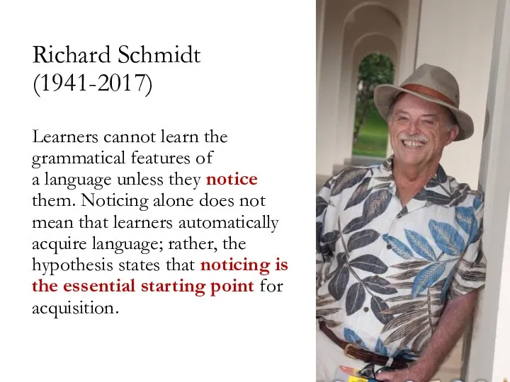 Richard Schmidt (1941-2017) Learners cannot learn the grammatical features of