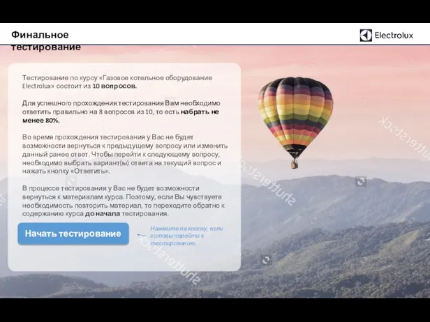 Финальное тестирование Тестирование по курсу «Газовое котельное оборудование Electrolux» состоит