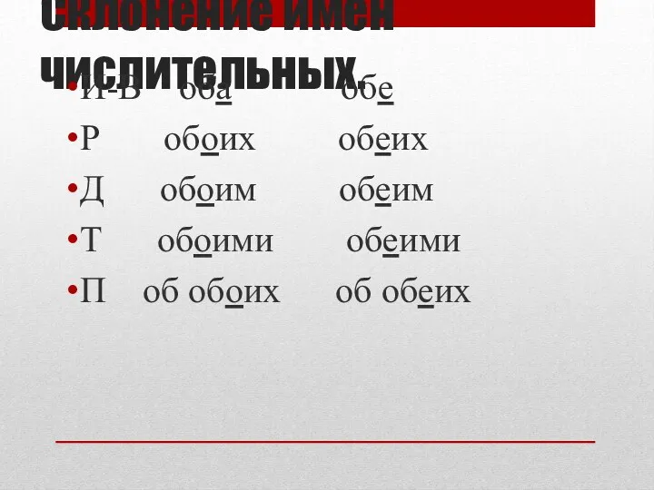 Склонение имён числительных. И-В оба обе Р обоих обеих Д