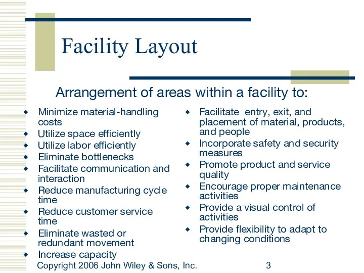 Copyright 2006 John Wiley & Sons, Inc. Facility Layout Minimize