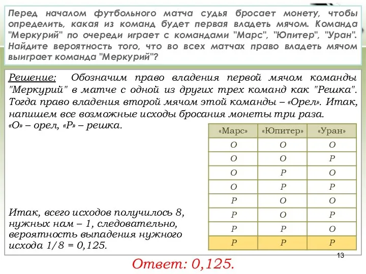 Решение: Обозначим право владения первой мячом команды "Меркурий" в матче