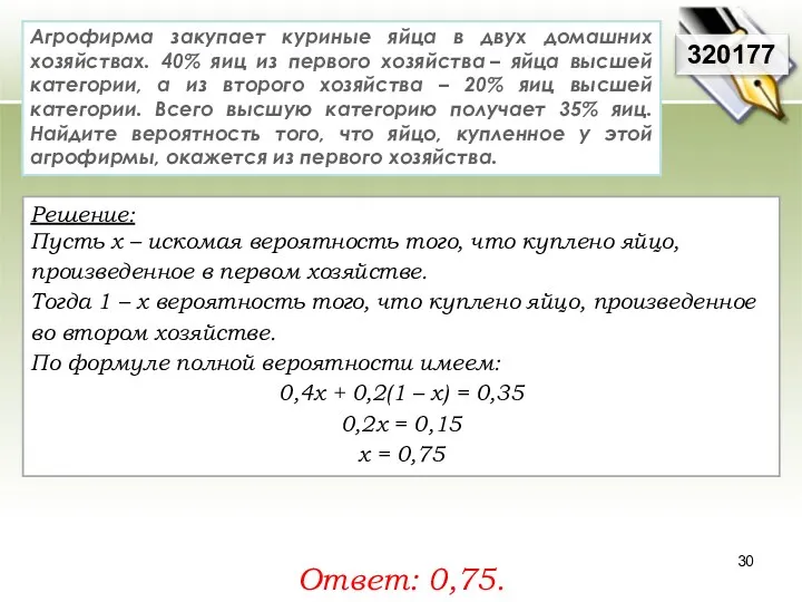 Решение: Пусть х – искомая вероятность того, что куплено яйцо,