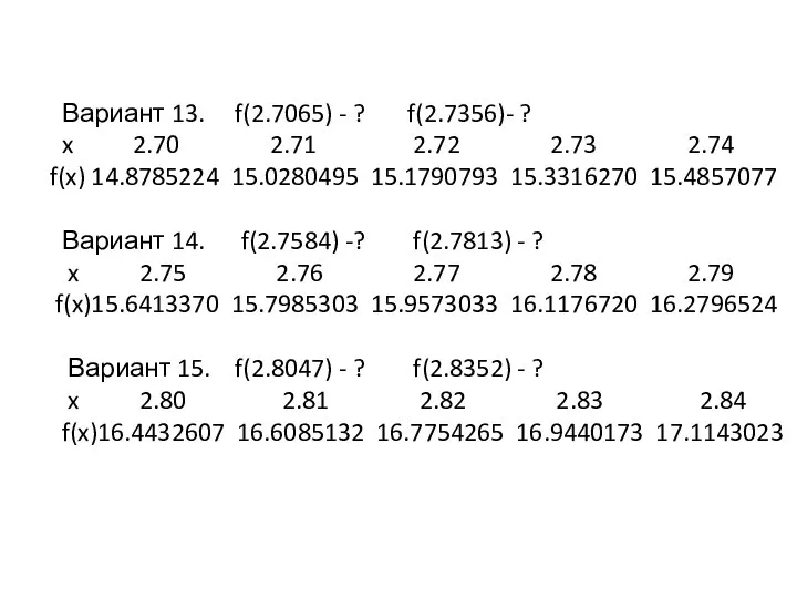 Вариант 13. f(2.7065) - ? f(2.7356)- ? x 2.70 2.71