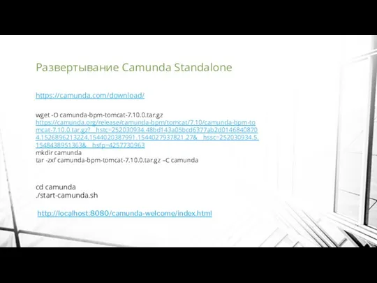 Развертывание Camunda Standalone https://camunda.com/download/ wget -O camunda-bpm-tomcat-7.10.0.tar.gz https://camunda.org/release/camunda-bpm/tomcat/7.10/camunda-bpm-tomcat-7.10.0.tar.gz?__hstc=252030934.48bd143a05bcd6377ab2d01468408704.1526896213224.1544020387991.1544027937821.27&__hssc=252030934.5.1548438951363&__hsfp=4257730963 mkdir camunda