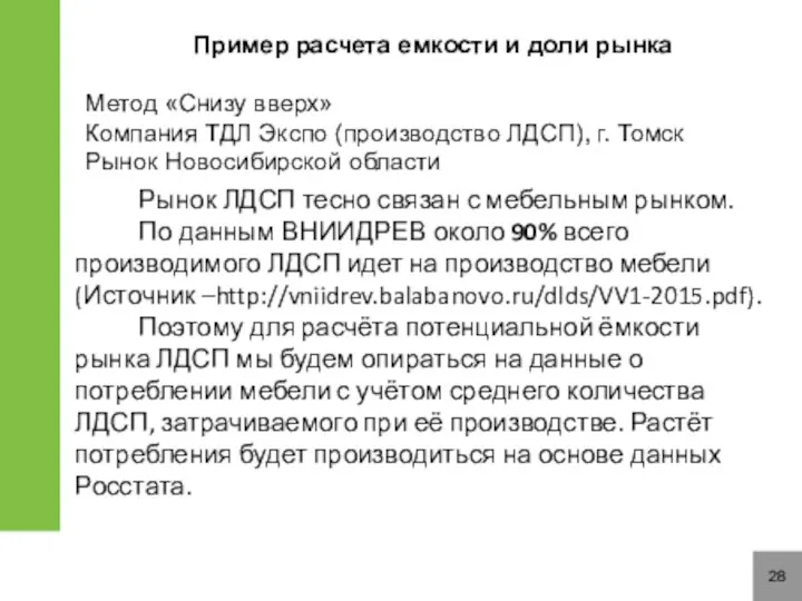 28 Пример расчета емкости и доли рынка Метод «Снизу вверх»