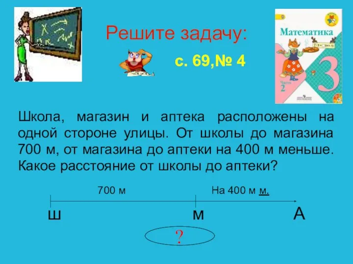 Решите задачу: Школа, магазин и аптека расположены на одной стороне