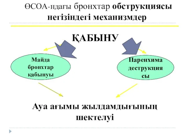 ӨСОА-ндағы бронхтар обструкциясы негізіндегі механизмдер ҚАБЫНУ Майда бронхтар қабынуы Паренхима деструкциясы Ауа ағымы жылдамдығының шектелуі