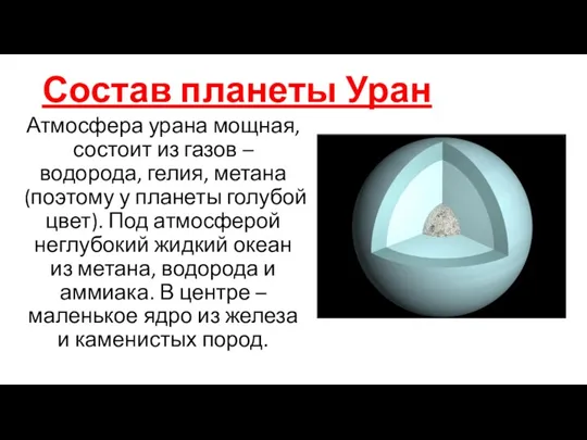 Состав планеты Уран Атмосфера урана мощная, состоит из газов –