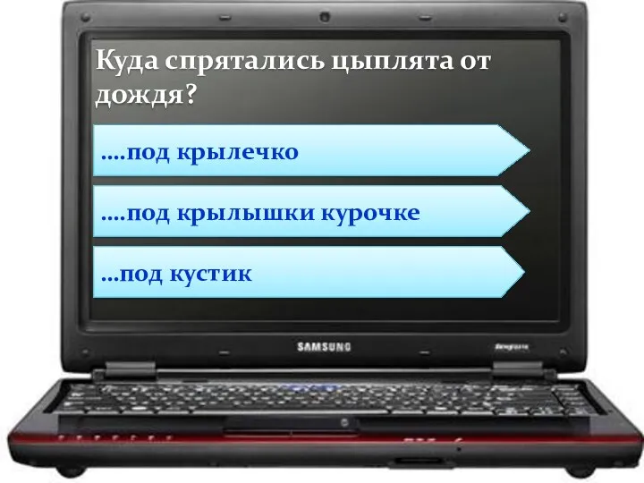 ….под крылышки курочке …под кустик ….под крылечко Куда спрятались цыплята от дождя?