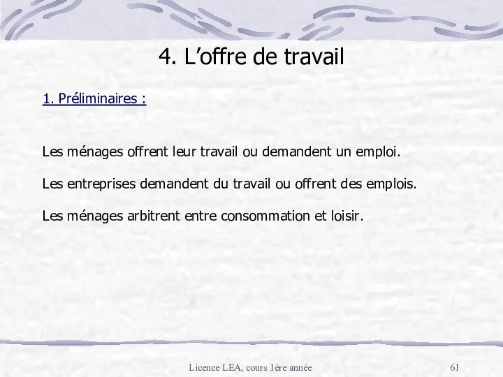 Licence LEA, cours 1ère année 4. L’offre de travail 1.