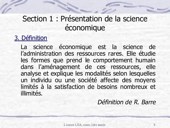 Licence LEA, cours 1ère année Section 1 : Présentation de