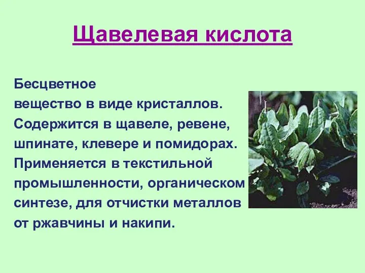 Щавелевая кислота Бесцветное вещество в виде кристаллов. Содержится в щавеле,