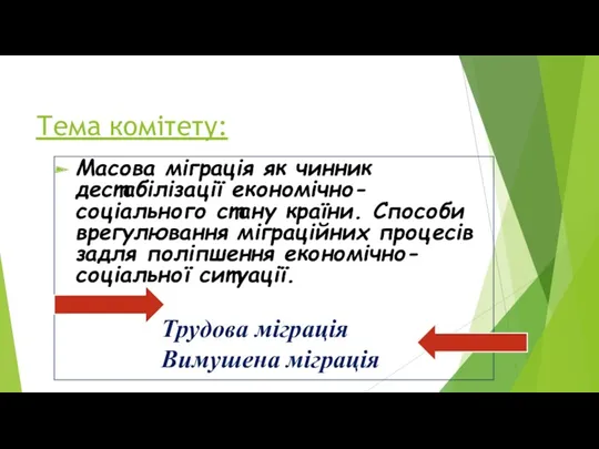 Тема комітету: Масова міграція як чинник дестабілізації економічно-соціального стану країни.