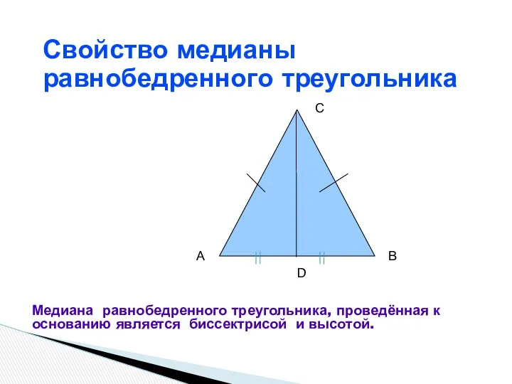 Свойство медианы равнобедренного треугольника А В С D Медиана равнобедренного