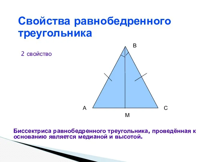 Свойства равнобедренного треугольника 2 свойство А С В М Биссектриса