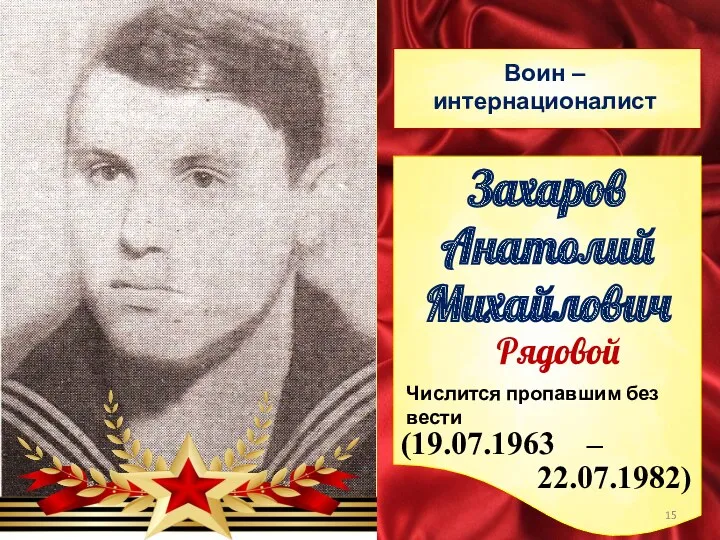 Воин – интернационалист (19.07.1963 – 22.07.1982) Захаров Анатолий Михайлович Числится пропавшим без вести Рядовой