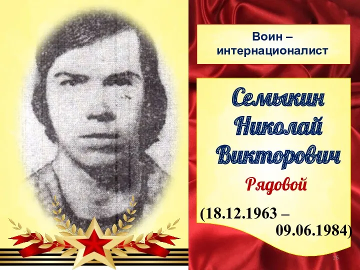 Воин – интернационалист (18.12.1963 – 09.06.1984) Семыкин Николай Викторович Рядовой