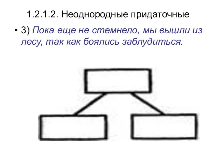 1.2.1.2. Неоднородные придаточные 3) Пока еще не стемнело, мы вышли из лесу, так как боялись заблудиться.