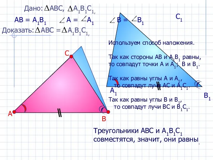 А В С А1 В1 С1 АВ = А1В1 Треугольники АВС и А1В1С1