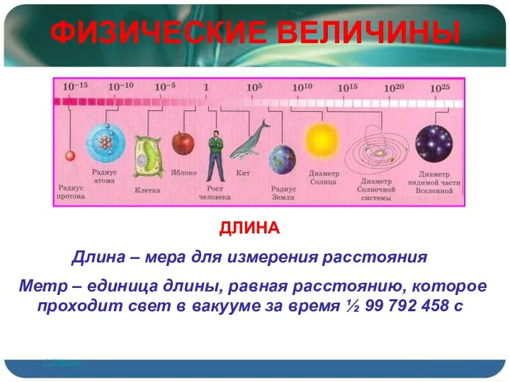 ФИЗИЧЕСКИЕ ВЕЛИЧИНЫ ДЛИНА Длина – мера для измерения расстояния Метр