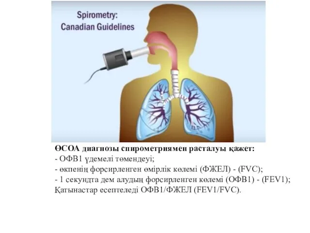 ӨСОА диагнозы спирометриямен расталуы қажет: - ОФВ1 үдемелі төмендеуі; -