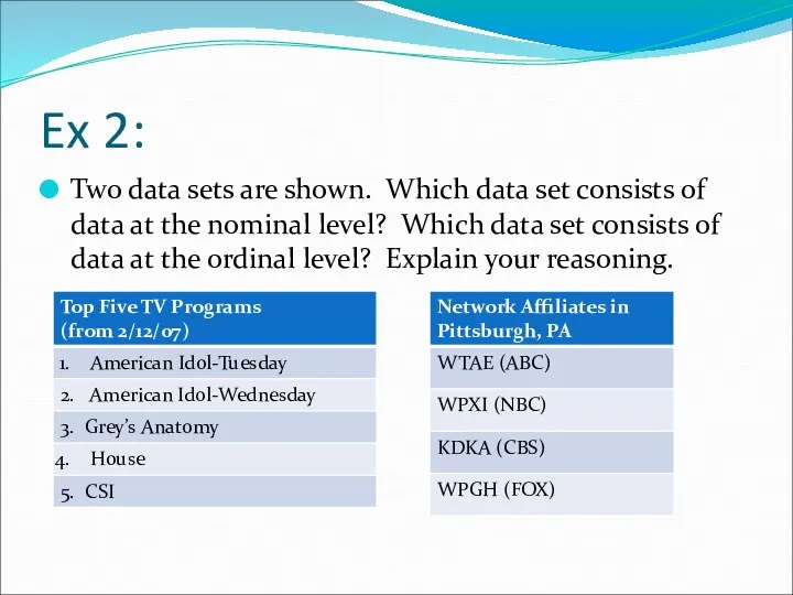 Ex 2: Two data sets are shown. Which data set