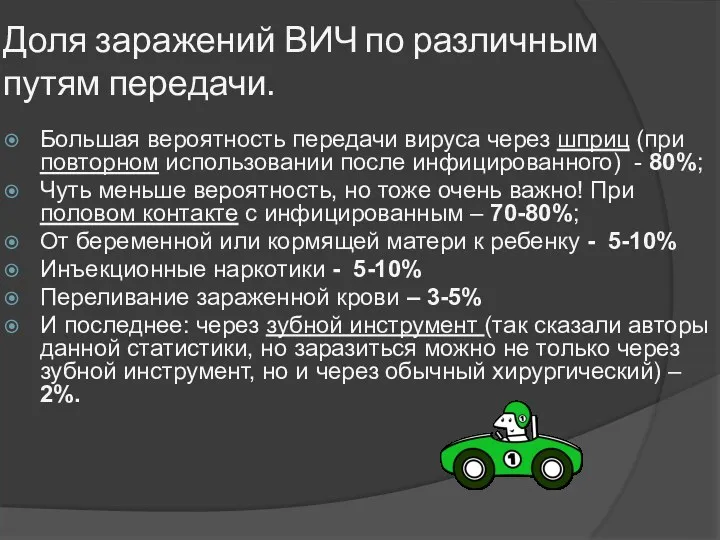 Доля заражений ВИЧ по различным путям передачи. Большая вероятность передачи