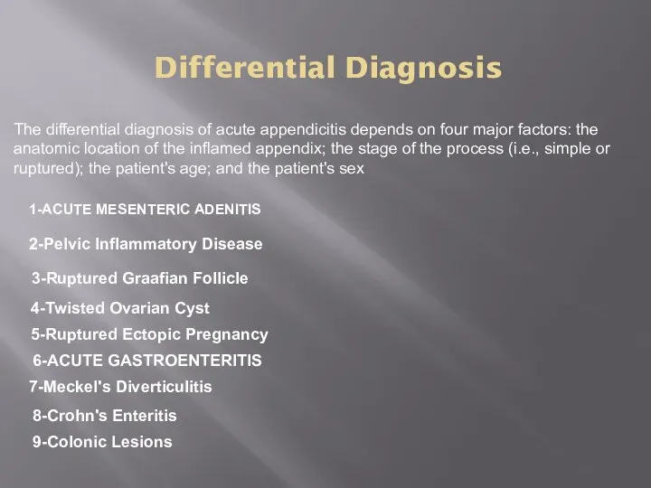 Differential Diagnosis The differential diagnosis of acute appendicitis depends on