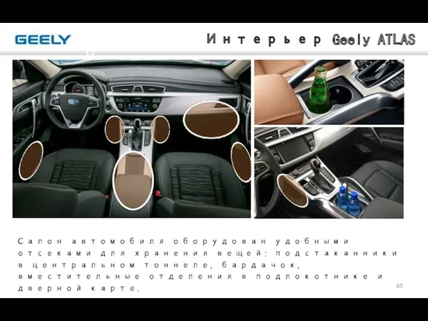 Интерьер Geely ATLAS Салон автомобиля оборудован удобными отсеками для хранения