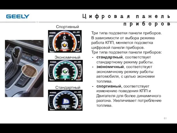 Цифровая панель приборов Три типа подсветки панели приборов. В зависимости