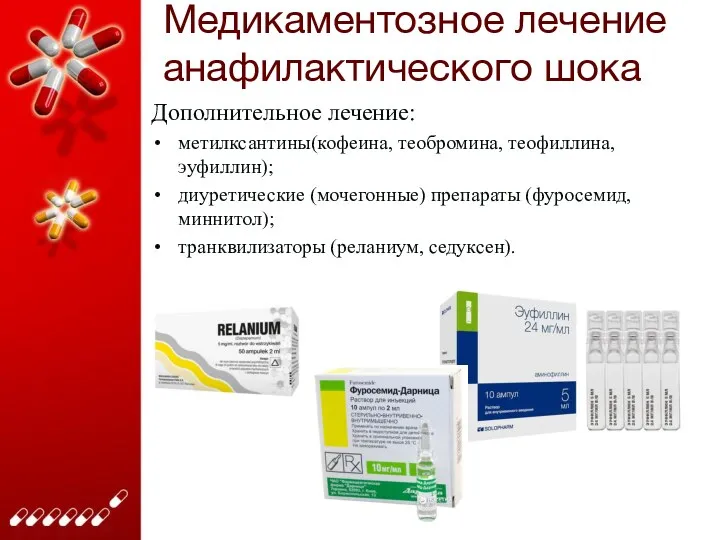 Медикаментозное лечение анафилактического шока Дополнительное лечение: метилксантины(кофеина, теобромина, теофиллина, эуфиллин);