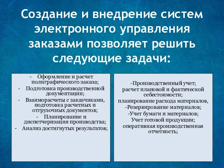 Создание и внедрение систем электронного управления заказами позволяет решить следующие