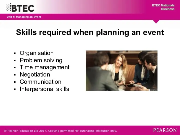 Skills required when planning an event Organisation Problem solving Time