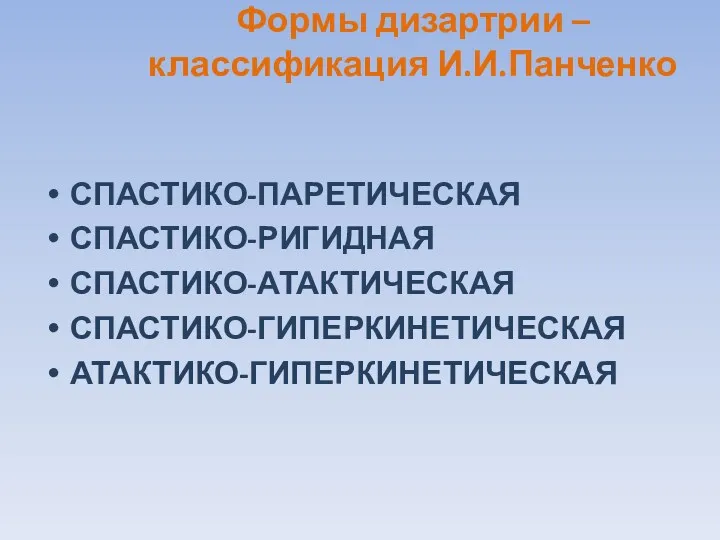 Формы дизартрии – классификация И.И.Панченко СПАСТИКО-ПАРЕТИЧЕСКАЯ СПАСТИКО-РИГИДНАЯ СПАСТИКО-АТАКТИЧЕСКАЯ СПАСТИКО-ГИПЕРКИНЕТИЧЕСКАЯ АТАКТИКО-ГИПЕРКИНЕТИЧЕСКАЯ