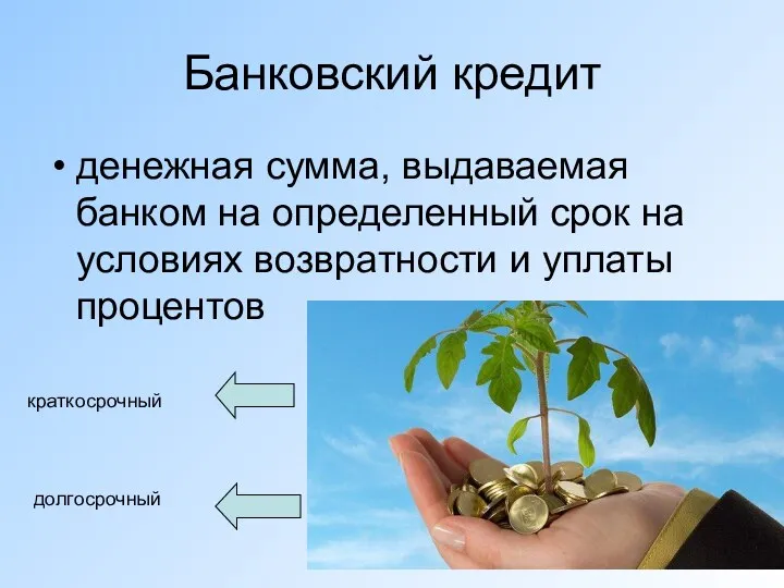 Банковский кредит денежная сумма, выдаваемая банком на определенный срок на