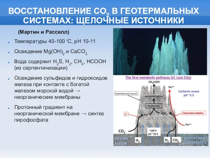 ВОССТАНОВЛЕНИЕ СО2 В ГЕОТЕРМАЛЬНЫХ СИСТЕМАХ: ЩЕЛОЧНЫЕ ИСТОЧНИКИ Температуры 40-100 'C,