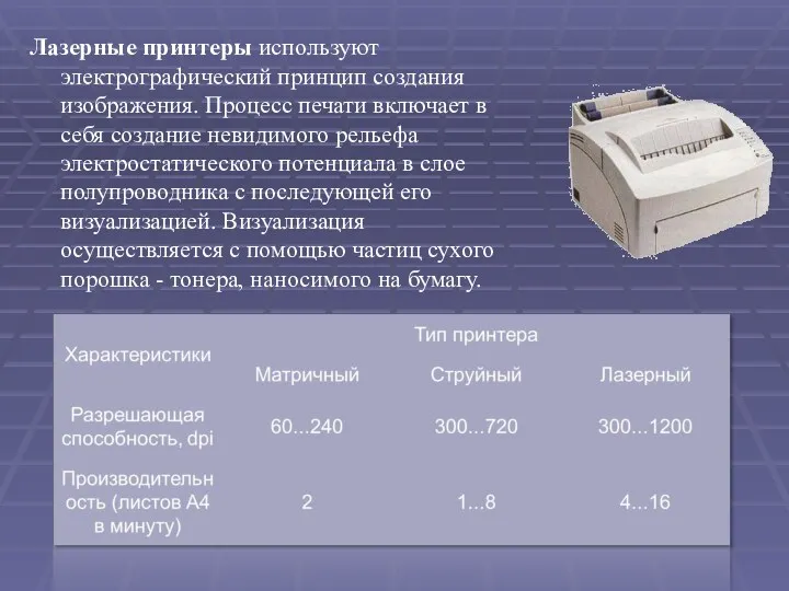 Лазерные принтеры используют электрографический принцип создания изображения. Процесс печати включает