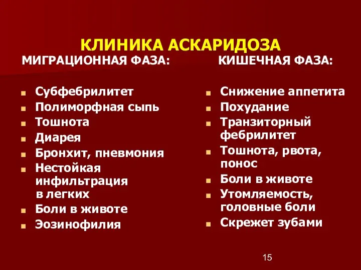 КЛИНИКА АСКАРИДОЗА МИГРАЦИОННАЯ ФАЗА: Субфебрилитет Полиморфная сыпь Тошнота Диарея Бронхит,