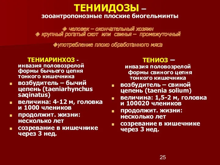 ТЕНИАРИНХОЗ - инвазия половозрелой формы бычьего цепня тонкого кишечника возбудитель