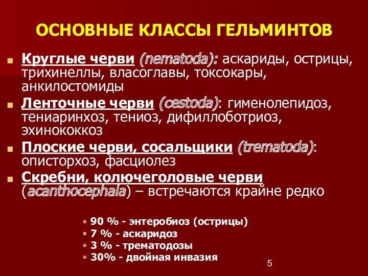 ОСНОВНЫЕ КЛАССЫ ГЕЛЬМИНТОВ Круглые черви (nematoda): аскариды, острицы, трихинеллы, власоглавы,