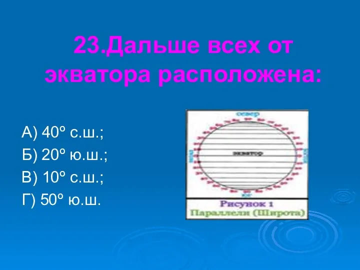 23.Дальше всех от экватора расположена: А) 40º с.ш.; Б) 20º