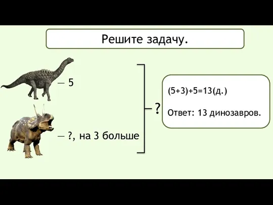 — 5 — ?, на 3 больше ? Решите задачу. (5+3)+5=13(д.) Ответ: 13 динозавров.