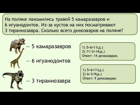 На поляне лакомились травой 5 камаразавров и 6 игуанодонтов. Из-за