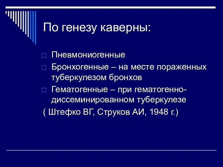 По генезу каверны: Пневмониогенные Бронхогенные – на месте пораженных туберкулезом