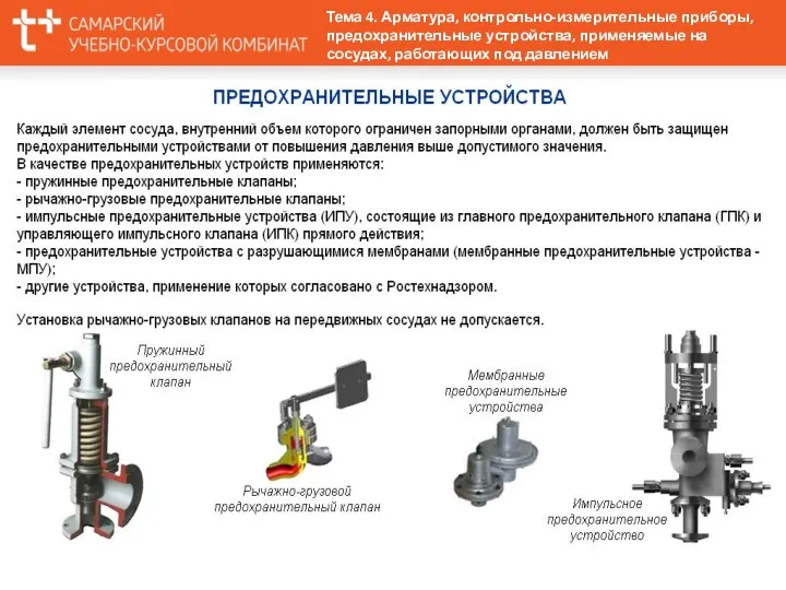 Тема 4. Арматура, контрольно-измерительные приборы, предохранительные устройства, применяемые на сосудах, работающих под давлением