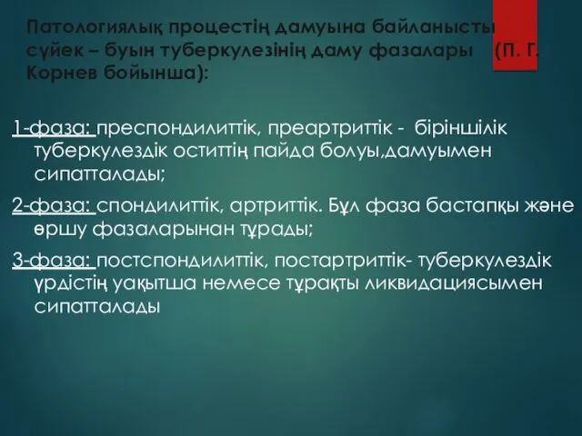 Патологиялық процестің дамуына байланысты сүйек – буын туберкулезінің даму фазалары