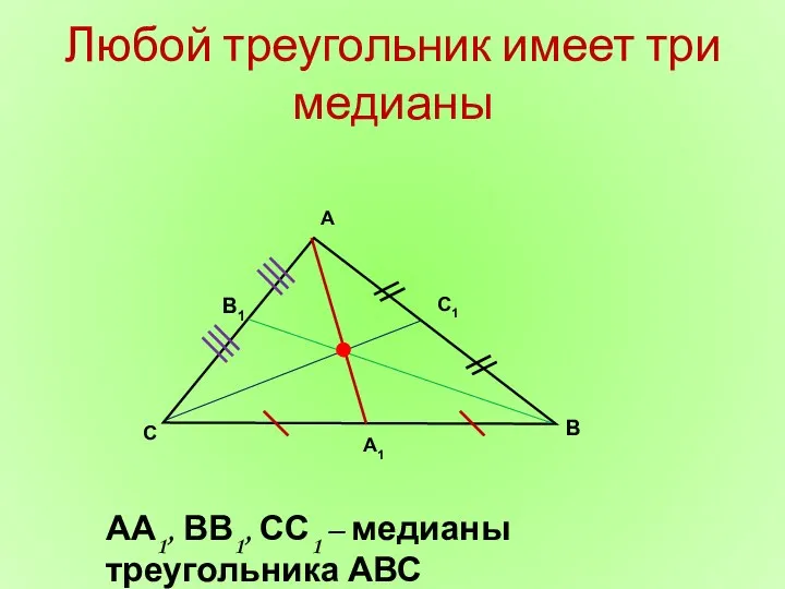 Любой треугольник имеет три медианы А АА1, ВВ1, СС1 –