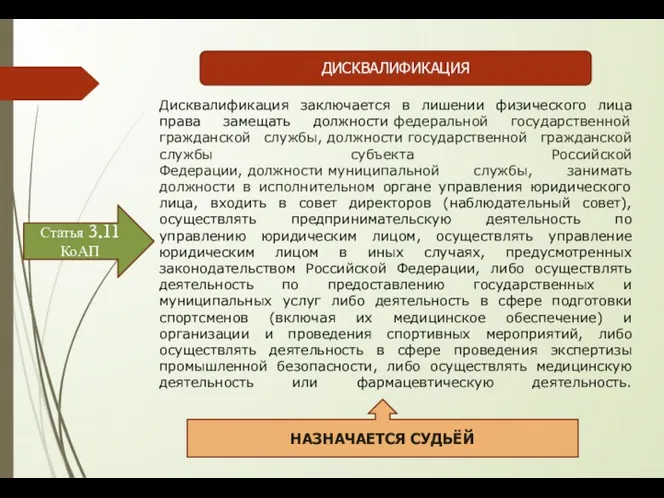 ДИСКВАЛИФИКАЦИЯ Статья 3.11 КоАП Дисквалификация заключается в лишении физического лица