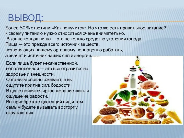 ВЫВОД: Более 50% ответили: «Как получится». Но что же есть правильное питание? к