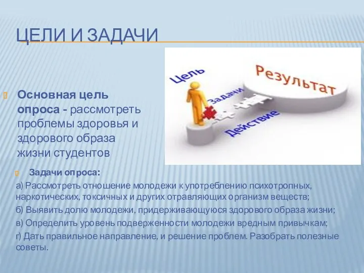 ЦЕЛИ И ЗАДАЧИ Задачи опроса: а) Рассмотреть отношение молодежи к употреблению психотропных, наркотических,